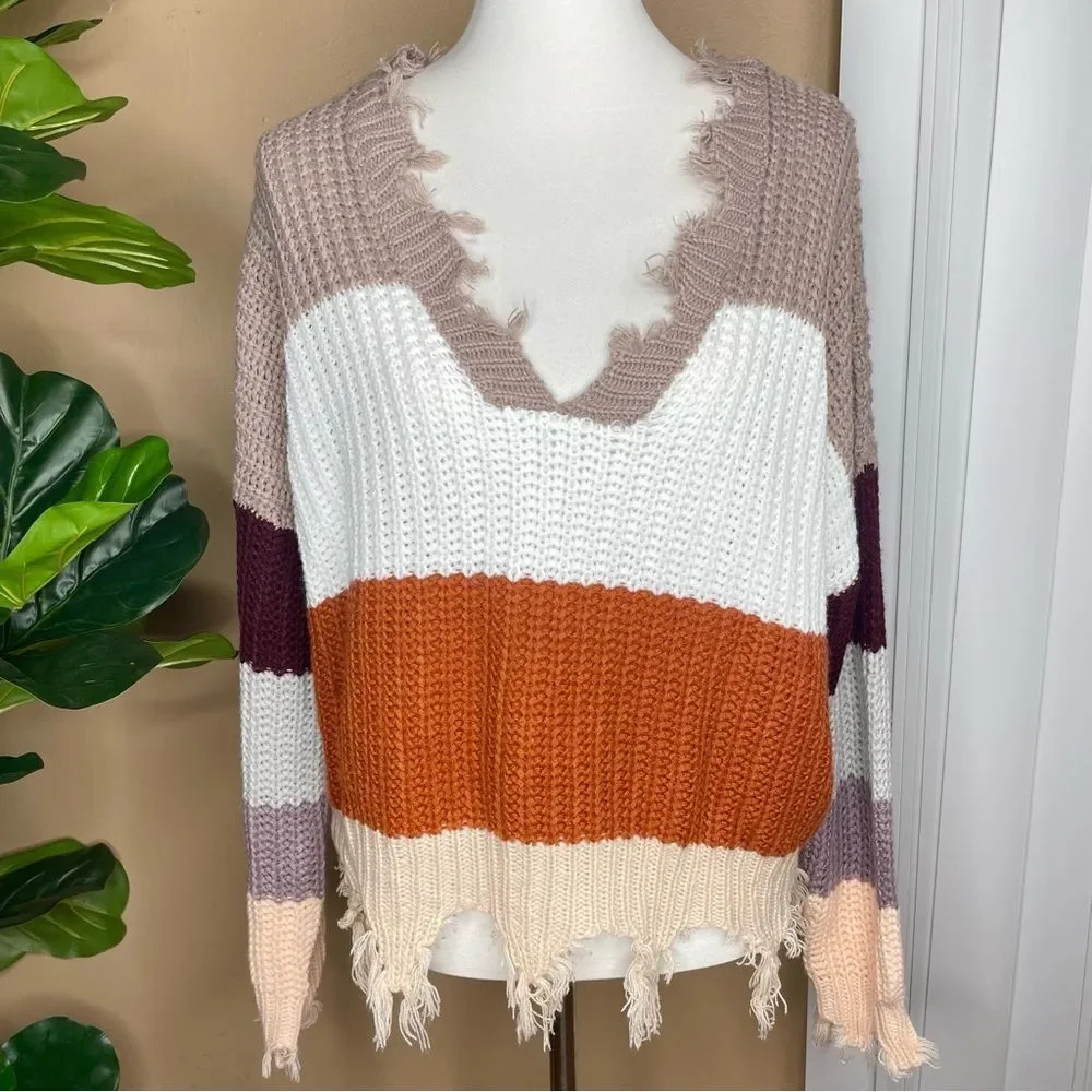 Miracle Multicolor Striped Sweater Size M/L Frayed Hem